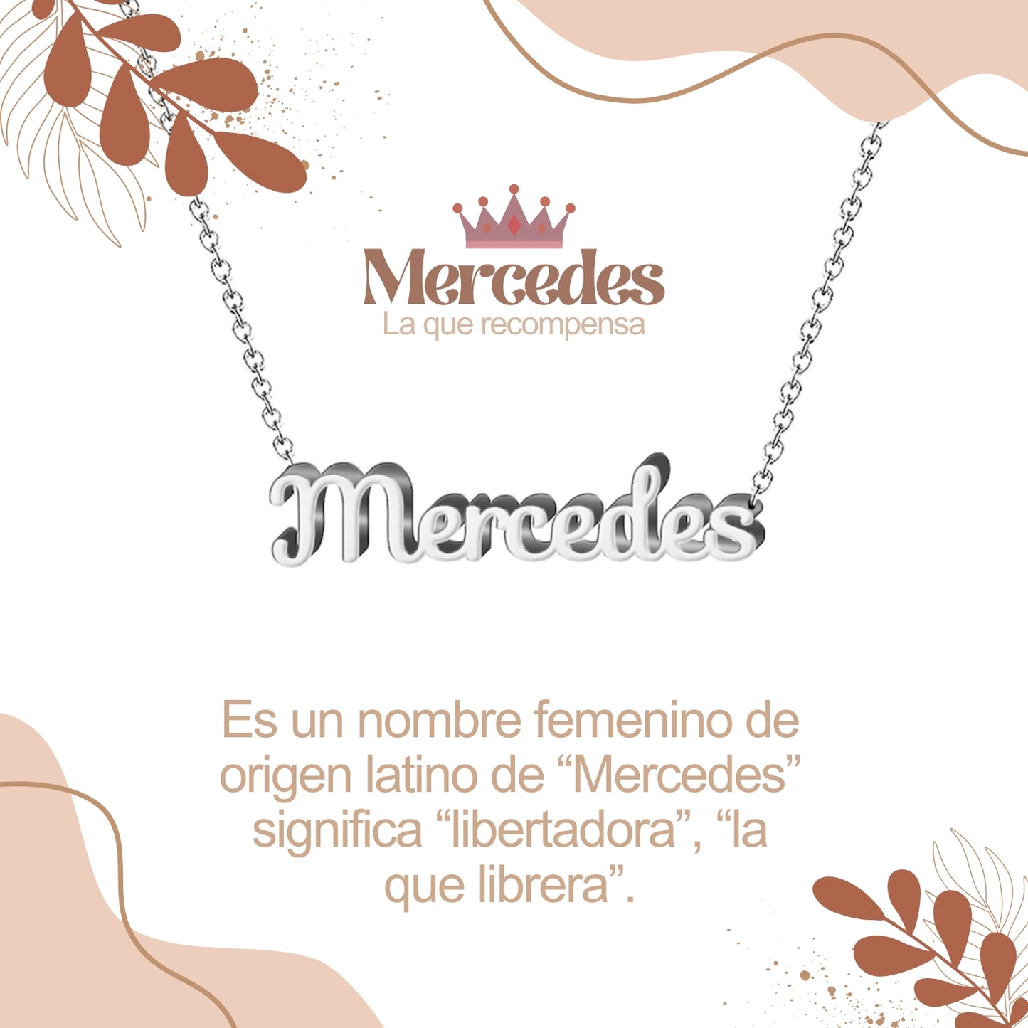 Collar con Nombre en Acero Inoxidable, Color Plateado, Incluye Tarjeta con el Significado de 60 Nombres + Caja de Regalo  y Pulsera 7 Nudos de Regalo