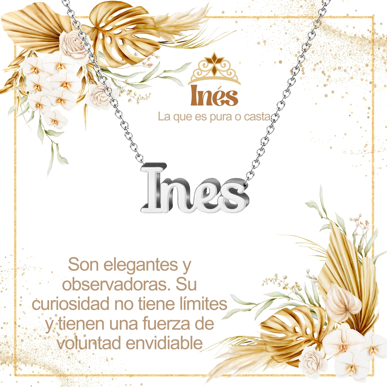 Collar con Nombre en Acero Inoxidable, Color Plateado, Incluye Tarjeta con el Significado de 60 Nombres + Caja de Regalo  y Pulsera 7 Nudos de Regalo
