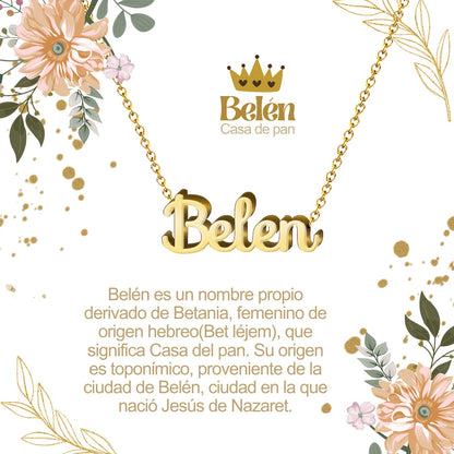 Collar con Nombre en Acero Inoxidable, Color Dorado, Incluye Tarjeta con el Significado de 60 Nombres + Caja de Regalo  y Pulsera 7 Nudos de Regalo