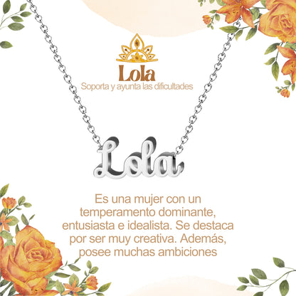 Collar con Nombre en Acero Inoxidable, Color Plateado, Incluye Tarjeta con el Significado de 60 Nombres + Caja de Regalo  y Pulsera 7 Nudos de Regalo