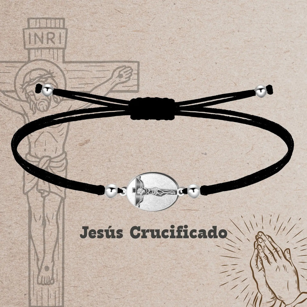 Pulsera Hilo Encerado con Jesús Crucificadocolor Plateado - cotigo