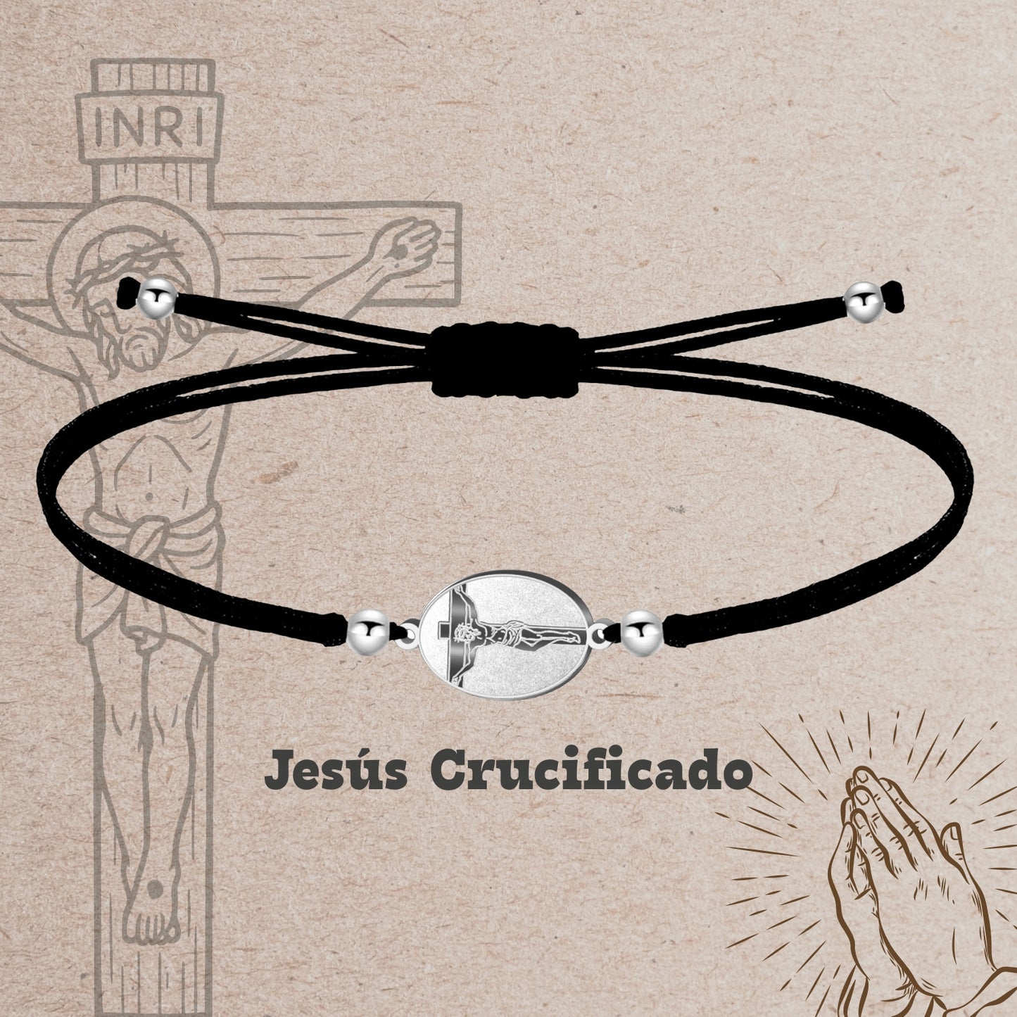 Pulsera Hilo Encerado con Jesús Crucificadocolor Plateado