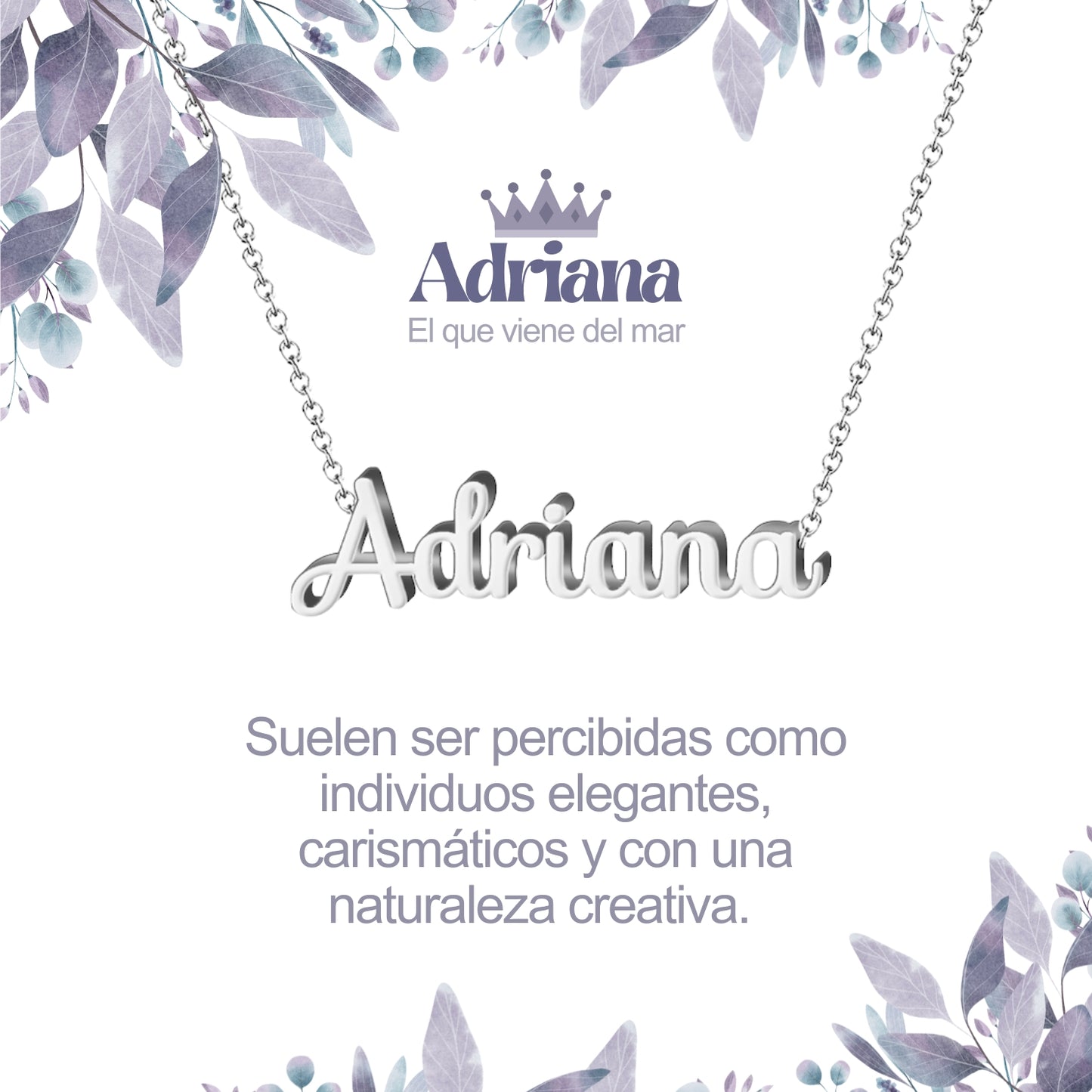 Collar con Nombre en Acero Inoxidable, Color Plateado, Incluye Tarjeta con el Significado de 60 Nombres + Caja de Regalo  y Pulsera 7 Nudos de Regalo