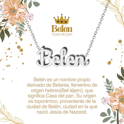 Collar con Nombre en Acero Inoxidable, Color Plateado, Incluye Tarjeta con el Significado de 60 Nombres + Caja de Regalo  y Pulsera 7 Nudos de Regalo