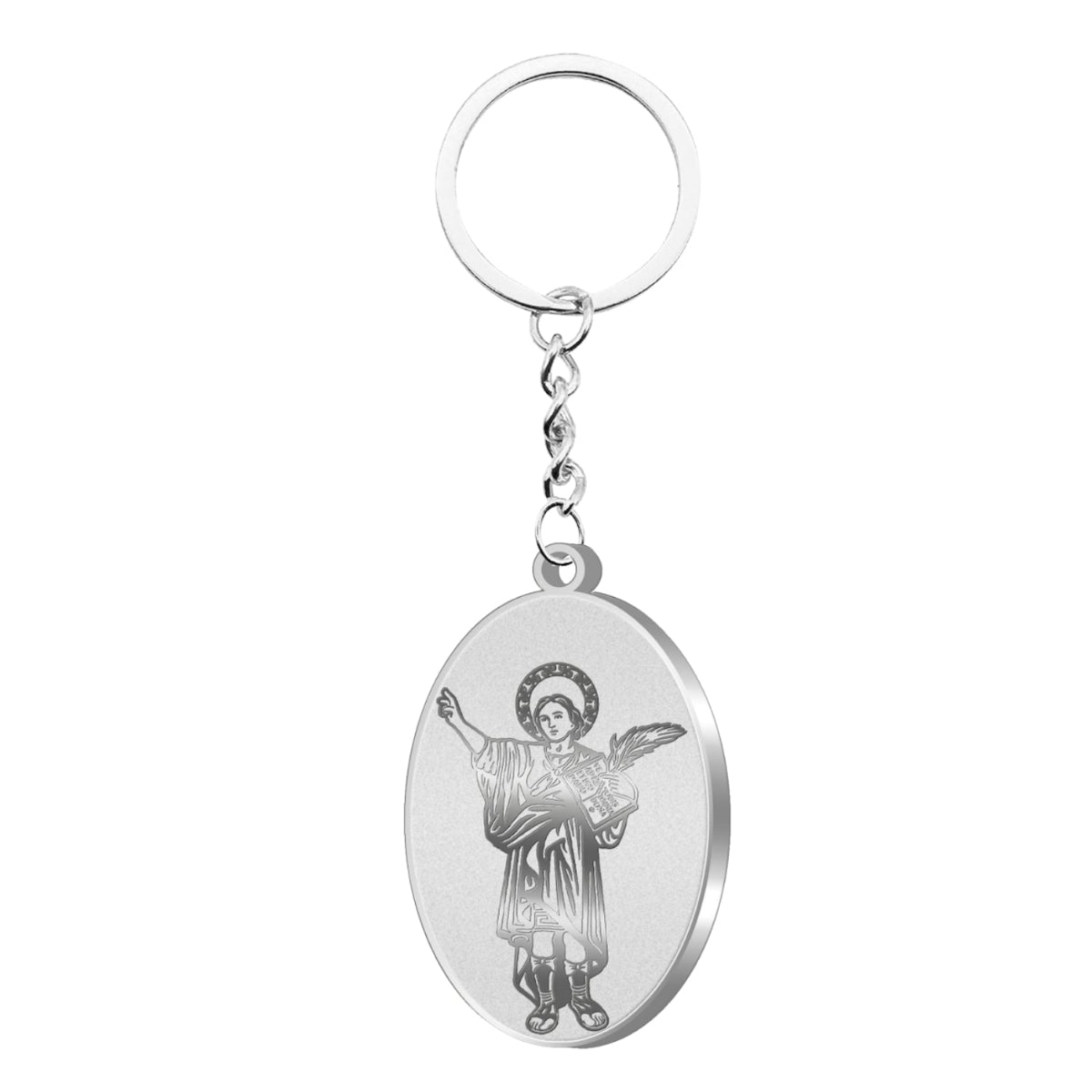 Llavero ovalado de San Pancracio en acero inoxidable plateado de alto brillo, amuleto religioso resistente para llaves de coche o casa.