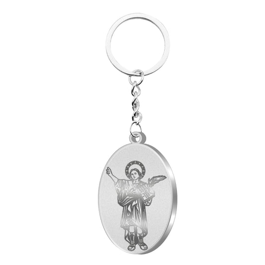 Llavero ovalado de San Pancracio en acero inoxidable plateado de alto brillo, amuleto religioso resistente para llaves de coche o casa.