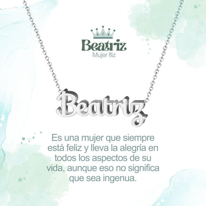 Collar con Nombre en Acero Inoxidable, Color Plateado, Incluye Tarjeta con el Significado de 60 Nombres + Caja de Regalo  y Pulsera 7 Nudos de Regalo