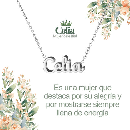 Collar con Nombre en Acero Inoxidable, Color Plateado, Incluye Tarjeta con el Significado de 60 Nombres + Caja de Regalo  y Pulsera 7 Nudos de Regalo