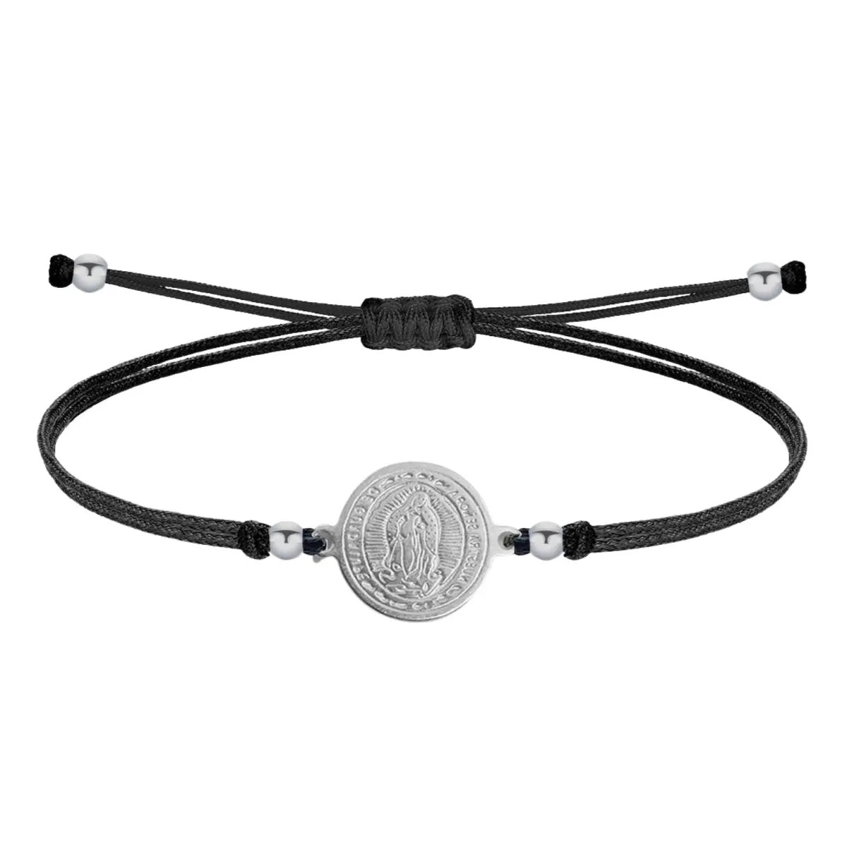 Pulsera de hilo negro encerado con medalla virgen de guadalupe acero plateado minimalista regalo religioso hombre y mujer