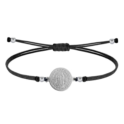 Pulsera de hilo negro encerado con medalla virgen de guadalupe acero plateado minimalista regalo religioso hombre y mujer