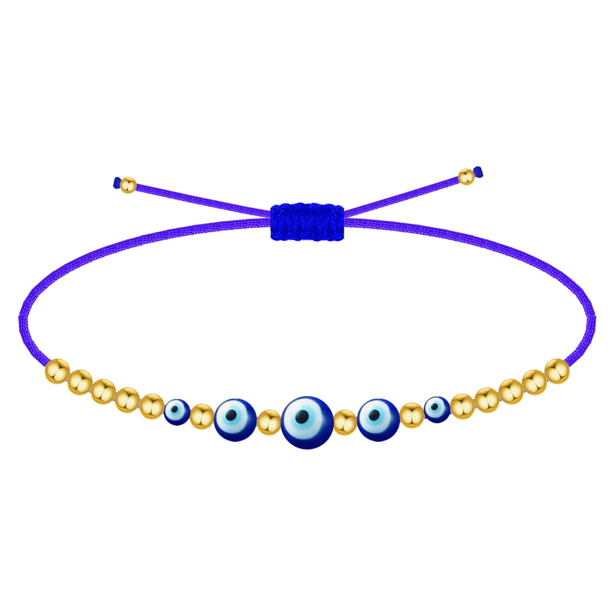 Pulsera de hilo azul ajustable con cinco amuletos de ojo turco de diferentes tamaños y cuentas doradas de acero inoxidable.