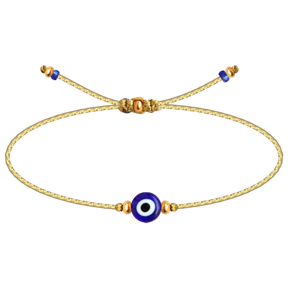 Pulsera de cordón dorado fino con amuleto central de ojo turco azul y detalles de cuentas doradas ajustables.