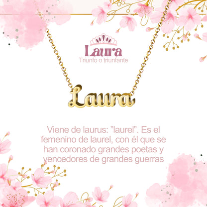 Collar con Nombre en Acero Inoxidable, Color Dorado, Incluye Tarjeta con el Significado de 60 Nombres + Caja de Regalo  y Pulsera 7 Nudos de Regalo