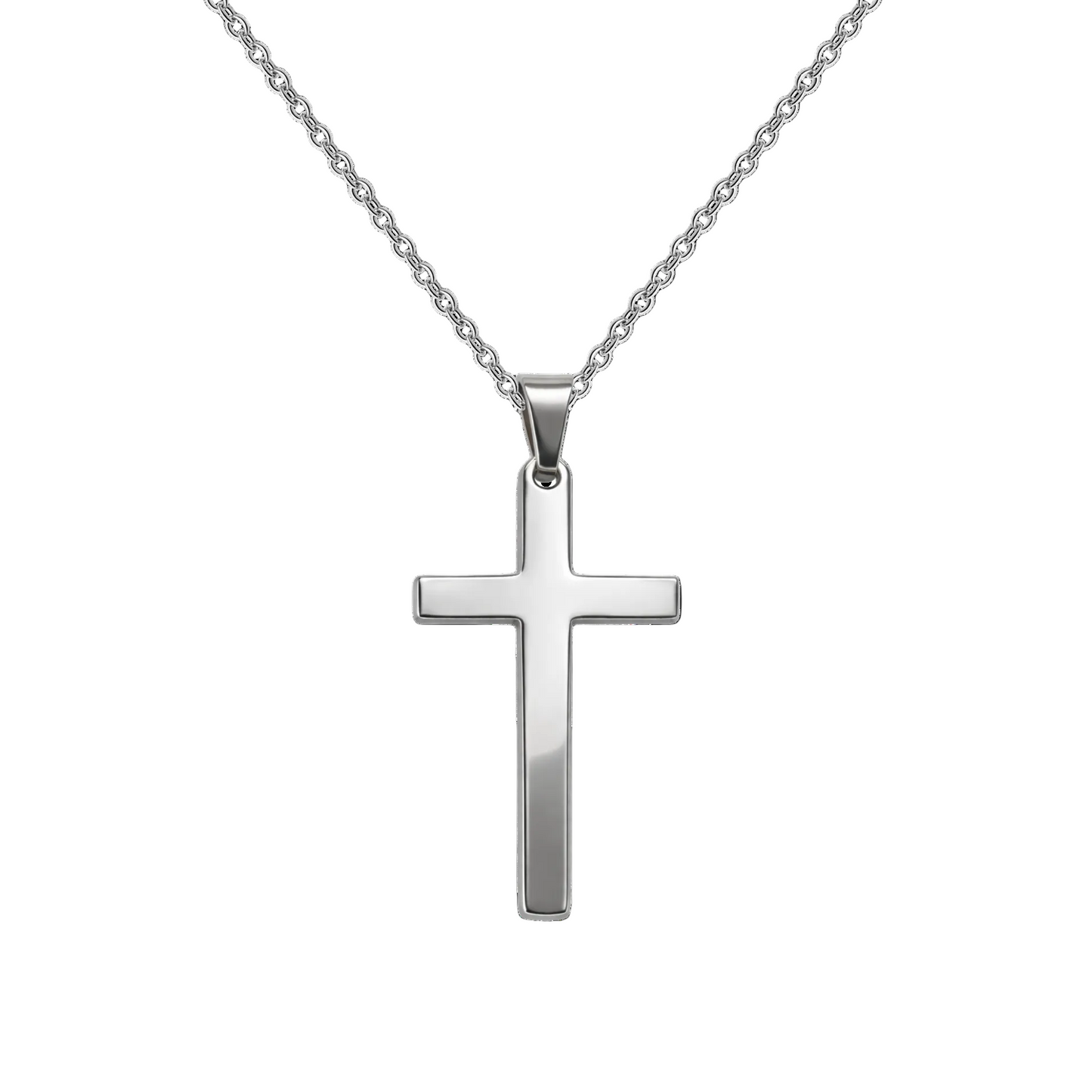 Collar de cadena con colgante de cruz clásica en acero pulido sobre fondo negro