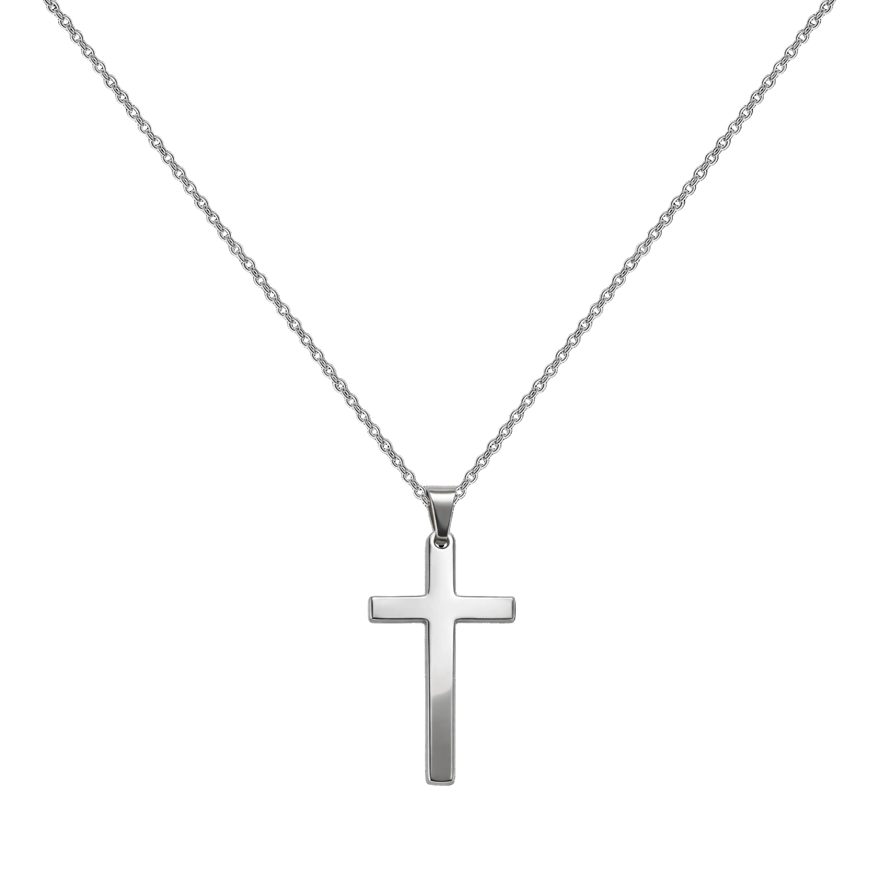 Collar de cadena con colgante de cruz clásica en acero pulido sobre fondo negro