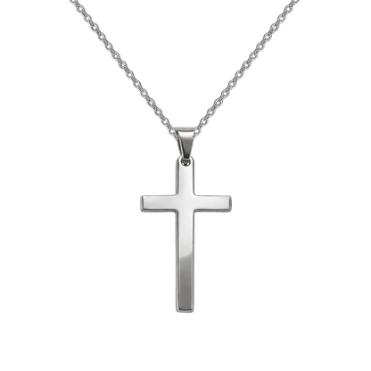 Collar de cadena con colgante de cruz clásica en acero pulido sobre fondo negro