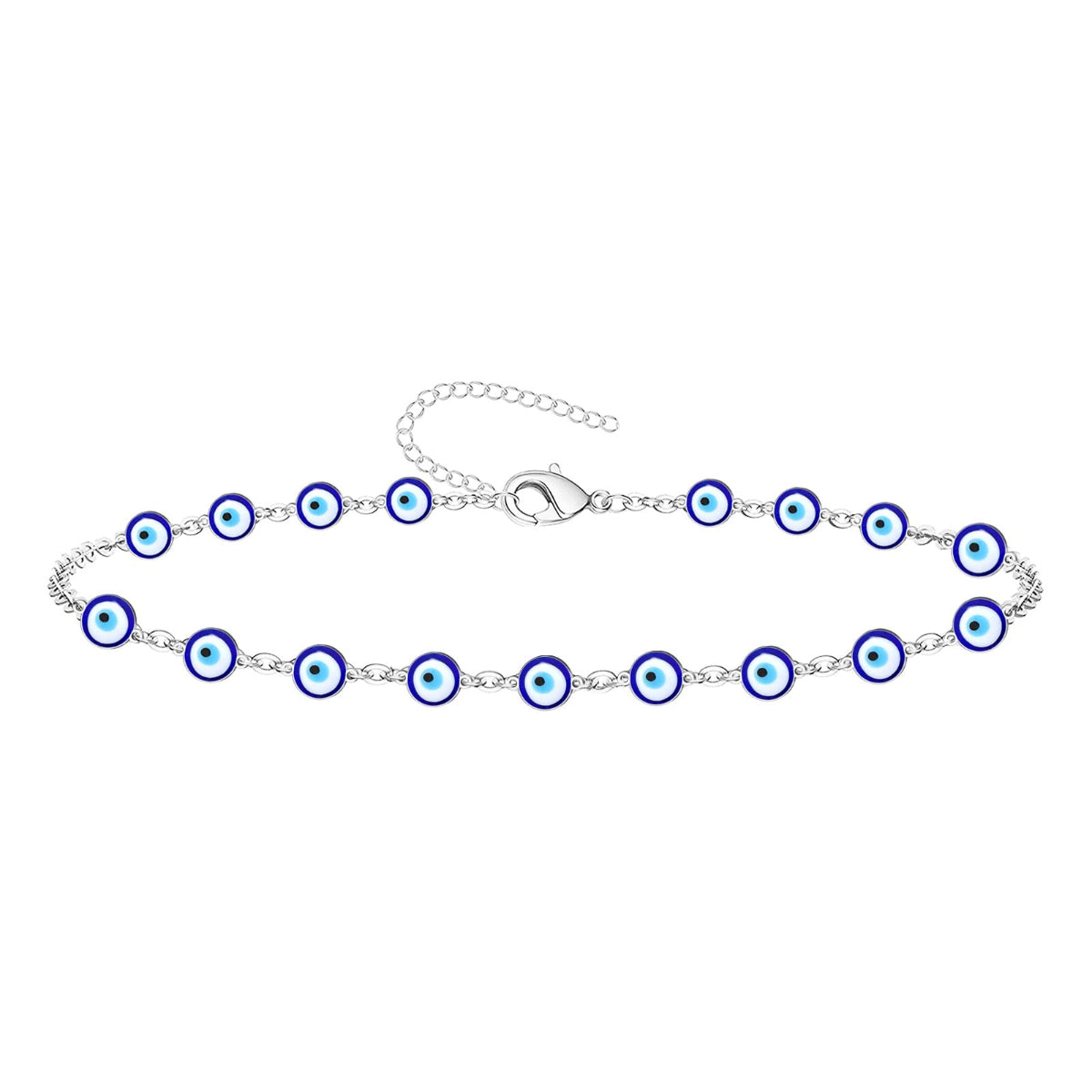 Pulsera de acero inoxidable con múltiples amuletos de ojo turco azul y cierre de mosquetón ajustable.