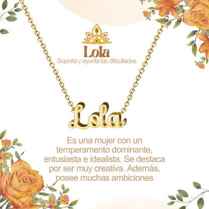 Collar con Nombre en Acero Inoxidable, Color Dorado, Incluye Tarjeta con el Significado de 60 Nombres + Caja de Regalo  y Pulsera 7 Nudos de Regalo
