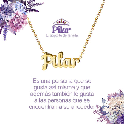 Collar con Nombre en Acero Inoxidable, Color Dorado, Incluye Tarjeta con el Significado de 60 Nombres + Caja de Regalo  y Pulsera 7 Nudos de Regalo