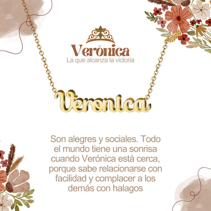 Collar con Nombre en Acero Inoxidable, Color Dorado, Incluye Tarjeta con el Significado de 60 Nombres + Caja de Regalo  y Pulsera 7 Nudos de Regalo