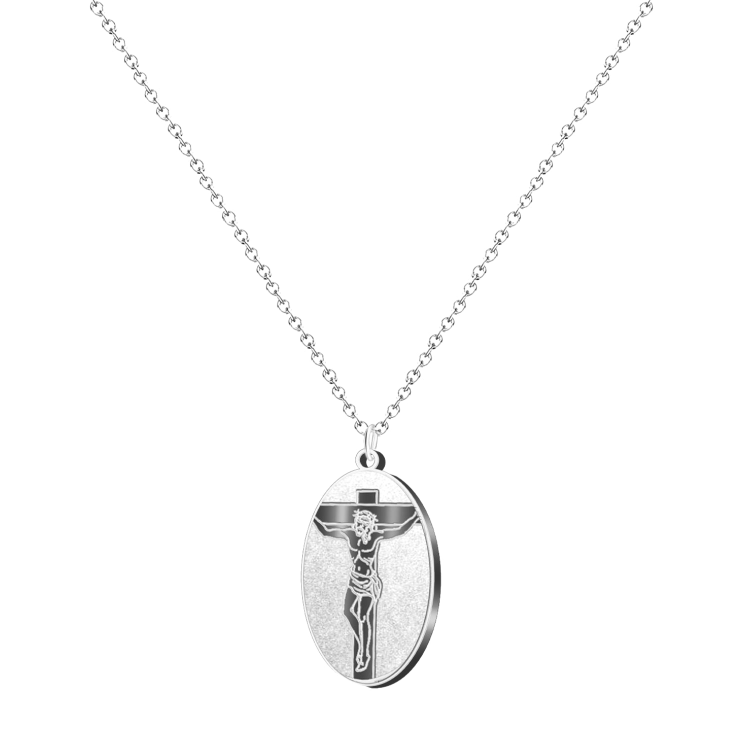 Collar plateado con medalla ovalada de Jesús crucificado