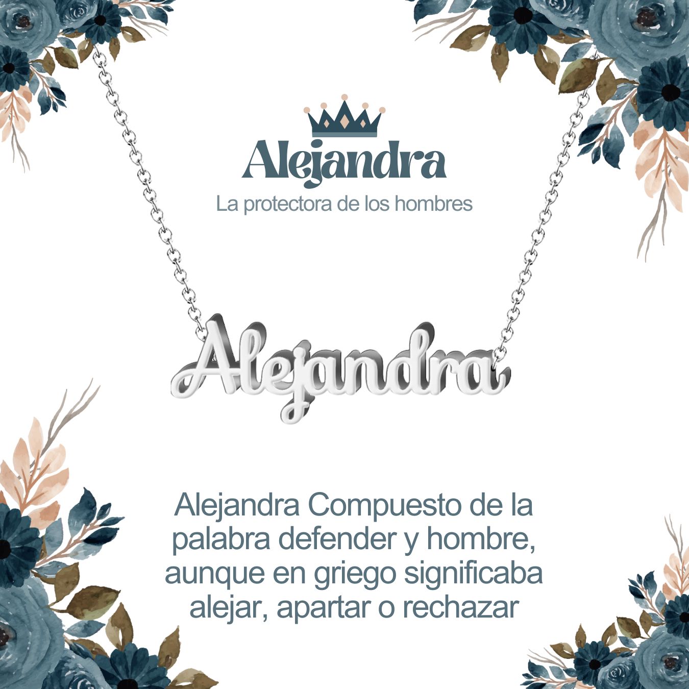 Collar con Nombre en Acero Inoxidable, Color Plateado, Incluye Tarjeta con el Significado de 60 Nombres + Caja de Regalo  y Pulsera 7 Nudos de Regalo