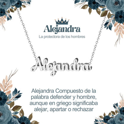 Collar con Nombre en Acero Inoxidable, Color Plateado, Incluye Tarjeta con el Significado de 60 Nombres + Caja de Regalo  y Pulsera 7 Nudos de Regalo