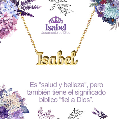 Collar con Nombre en Acero Inoxidable, Color Dorado, Incluye Tarjeta con el Significado de 60 Nombres + Caja de Regalo  y Pulsera 7 Nudos de Regalo