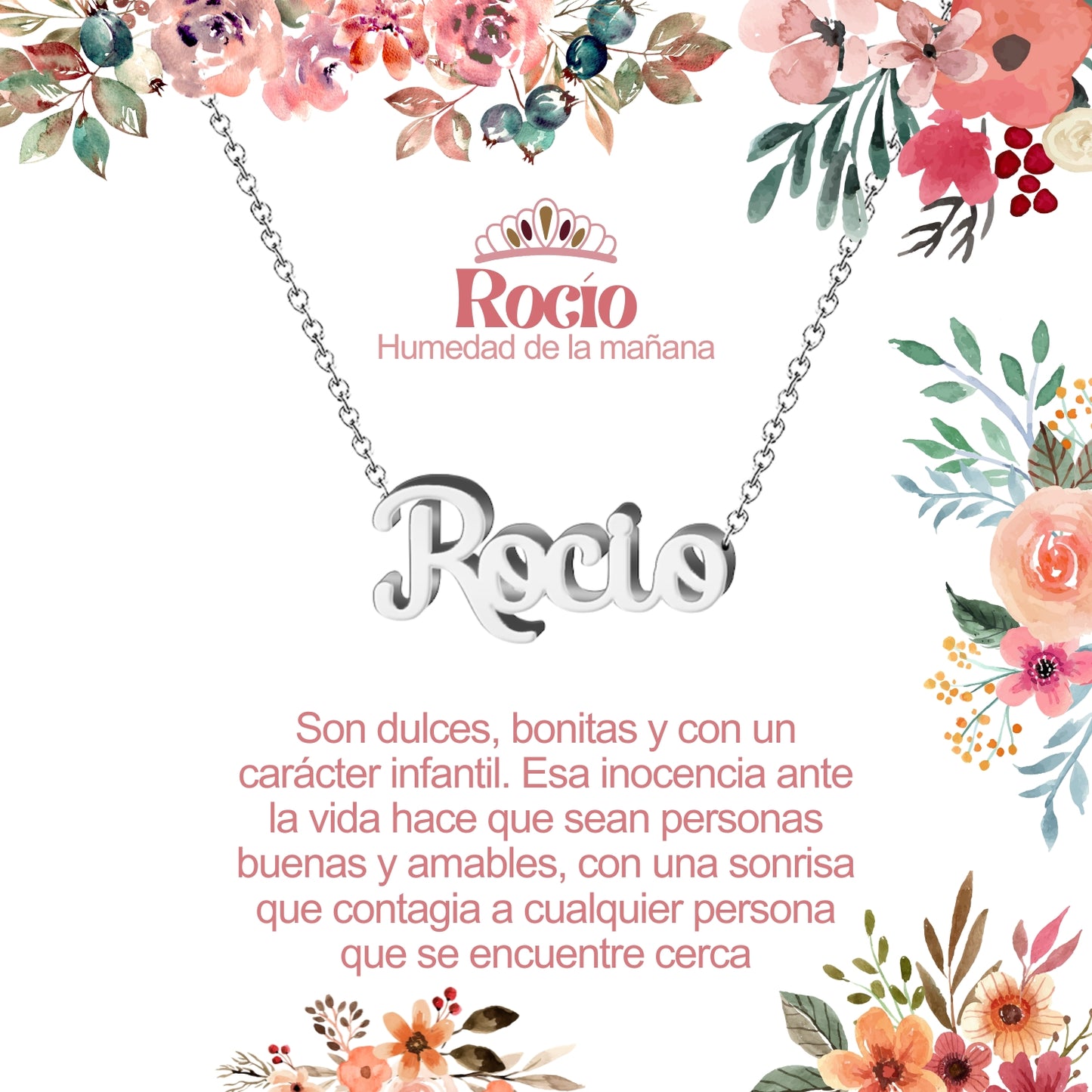 Collar con Nombre en Acero Inoxidable, Color Plateado, Incluye Tarjeta con el Significado de 60 Nombres + Caja de Regalo  y Pulsera 7 Nudos de Regalo