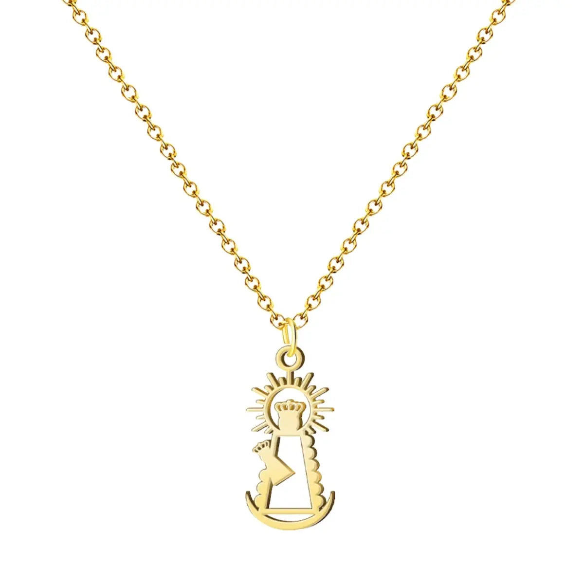 Colgante silueta Virgen de la Bien Aparecida en acero dorado con cadena de eslabones