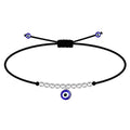 Pulsera de cordón negro con cuentas de acero inoxidable plateadas y un amuleto colgante de ojo turco azul ajustable.