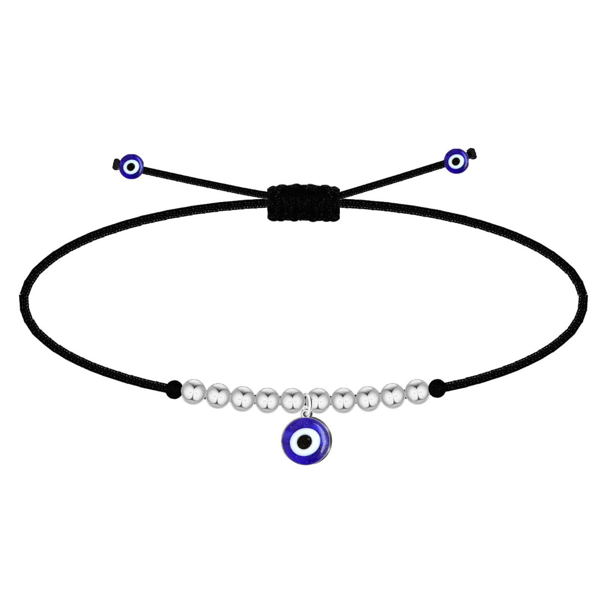 Pulsera de cordón negro con cuentas de acero inoxidable plateadas y un amuleto colgante de ojo turco azul ajustable.