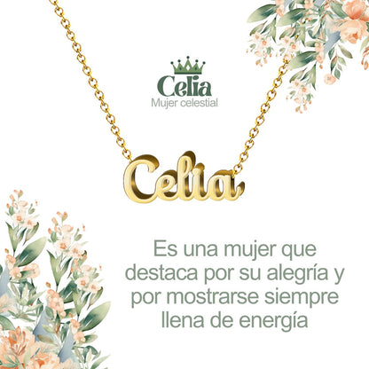Collar con Nombre en Acero Inoxidable, Color Dorado, Incluye Tarjeta con el Significado de 60 Nombres + Caja de Regalo  y Pulsera 7 Nudos de Regalo