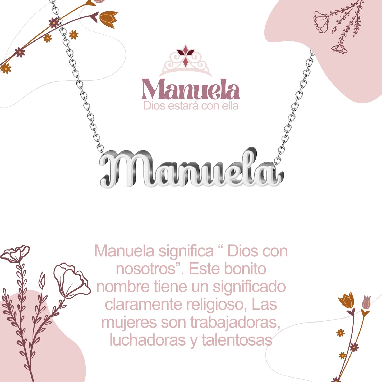 Collar con Nombre en Acero Inoxidable, Color Plateado, Incluye Tarjeta con el Significado de 60 Nombres + Caja de Regalo  y Pulsera 7 Nudos de Regalo