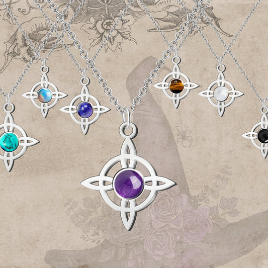 Colgante Nudo Bruja en Acero Inoxidable con Piedra Natural 💎 Amuleto contra el Mal de Ojo 🧿 Collar de Suerte para Mujer y Hombre + Pulsera 7 Nudos de Regalo 🎁 con Tarjeta Diseñada | Regalo de Cumpleaños Perfecto