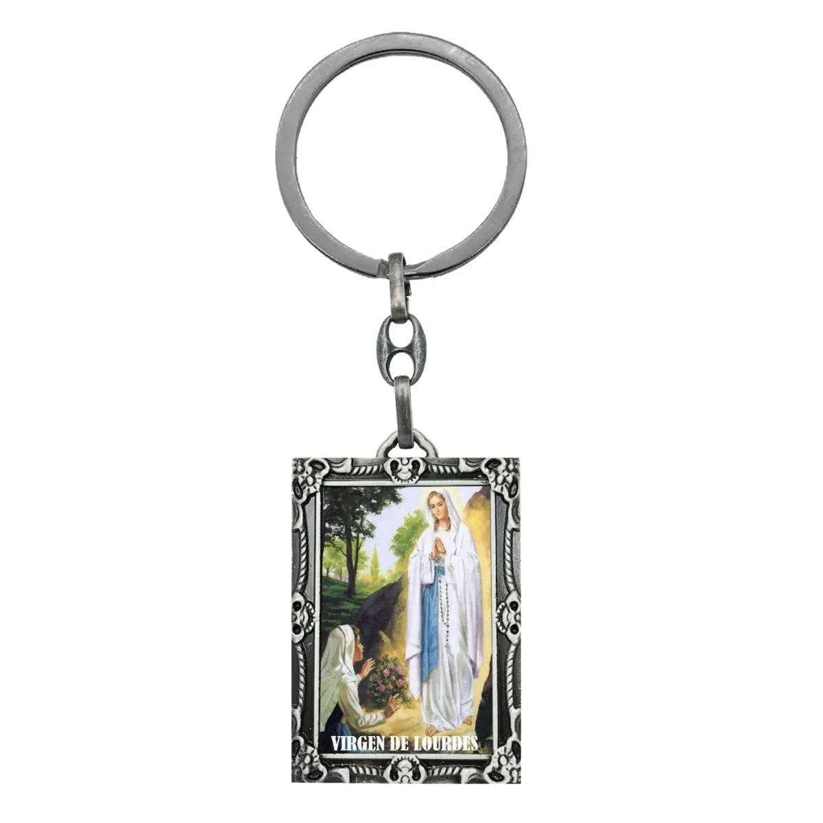 Llavero metálico virgen de lourdes imagen a color aparición gruta marco vintage regalo religioso enfermos