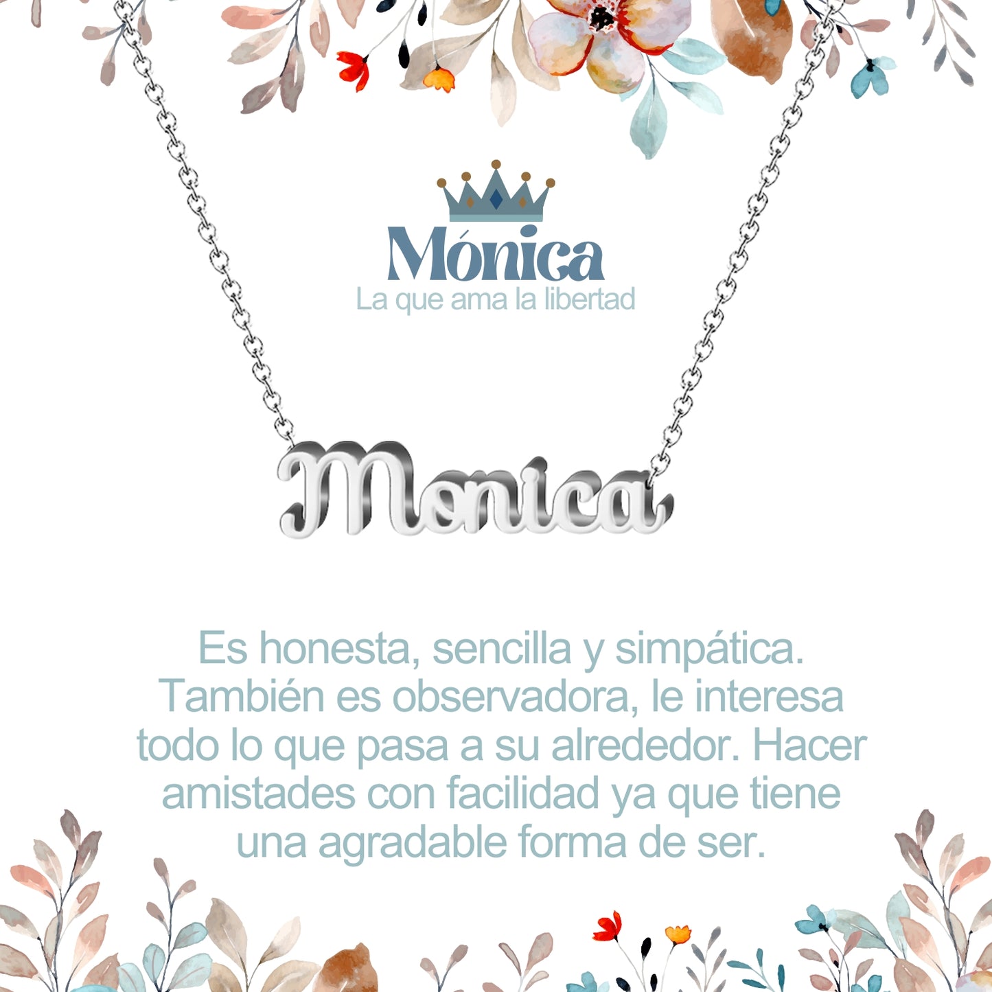 Collar con Nombre en Acero Inoxidable, Color Plateado, Incluye Tarjeta con el Significado de 60 Nombres + Caja de Regalo  y Pulsera 7 Nudos de Regalo