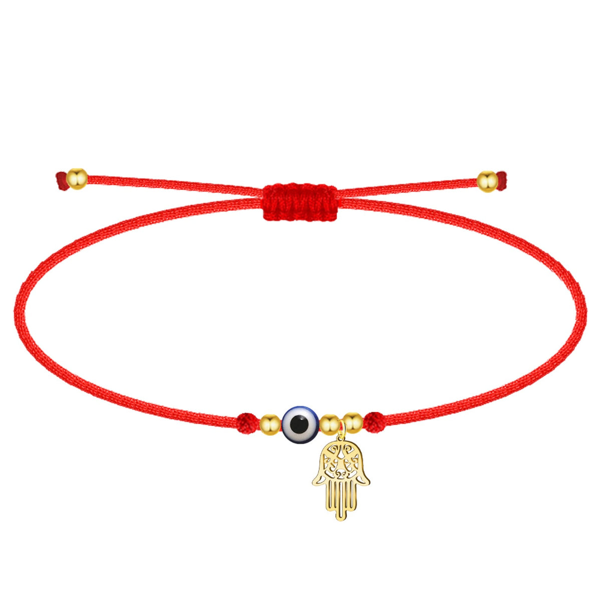 Pulsera de cordón rojo ajustable con amuleto de ojo turco, colgante de mano de Fátima calada y cuentas de acero inoxidable doradas.