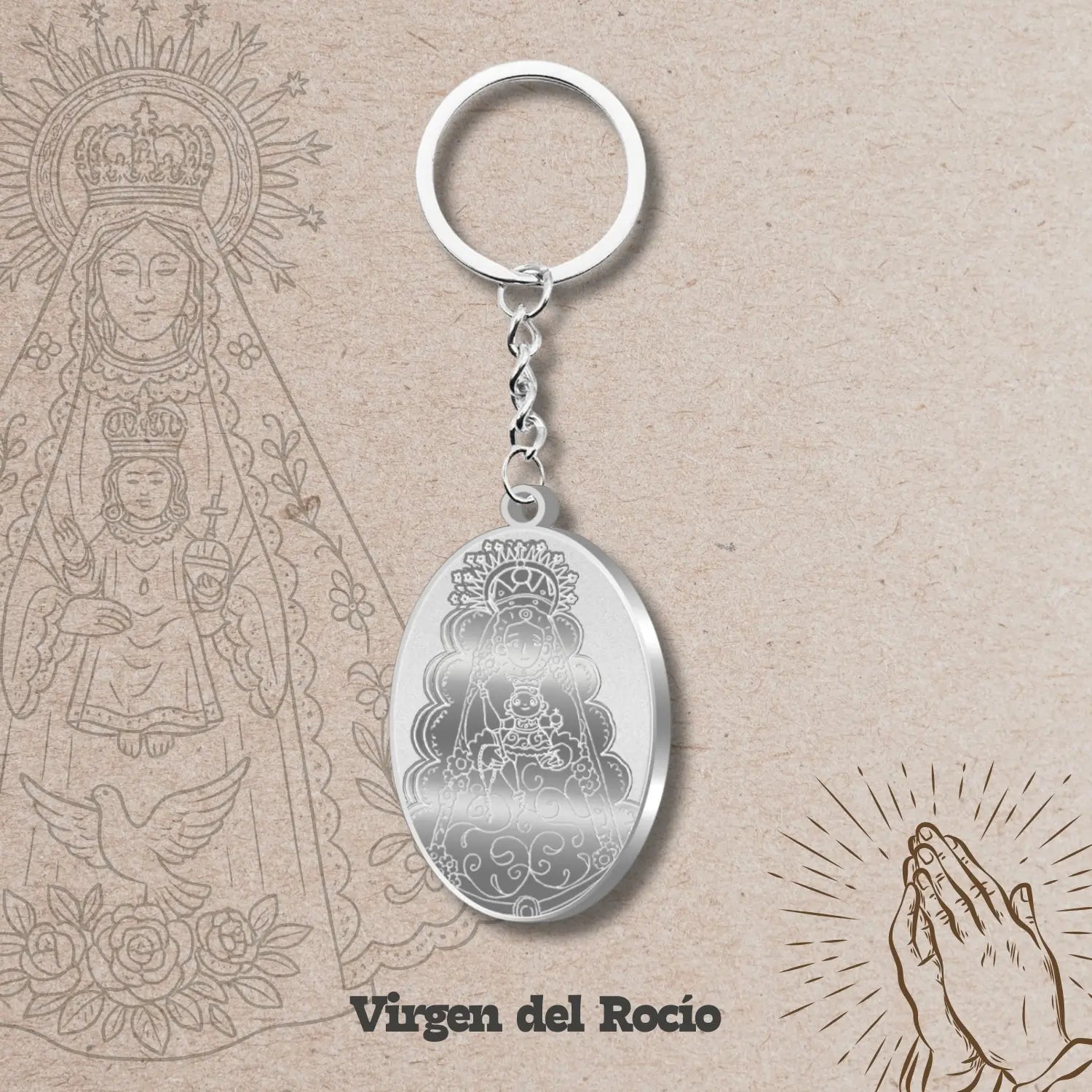 Llavero Virgen del Rocío Acero Inoxidable Grabado - cotigo