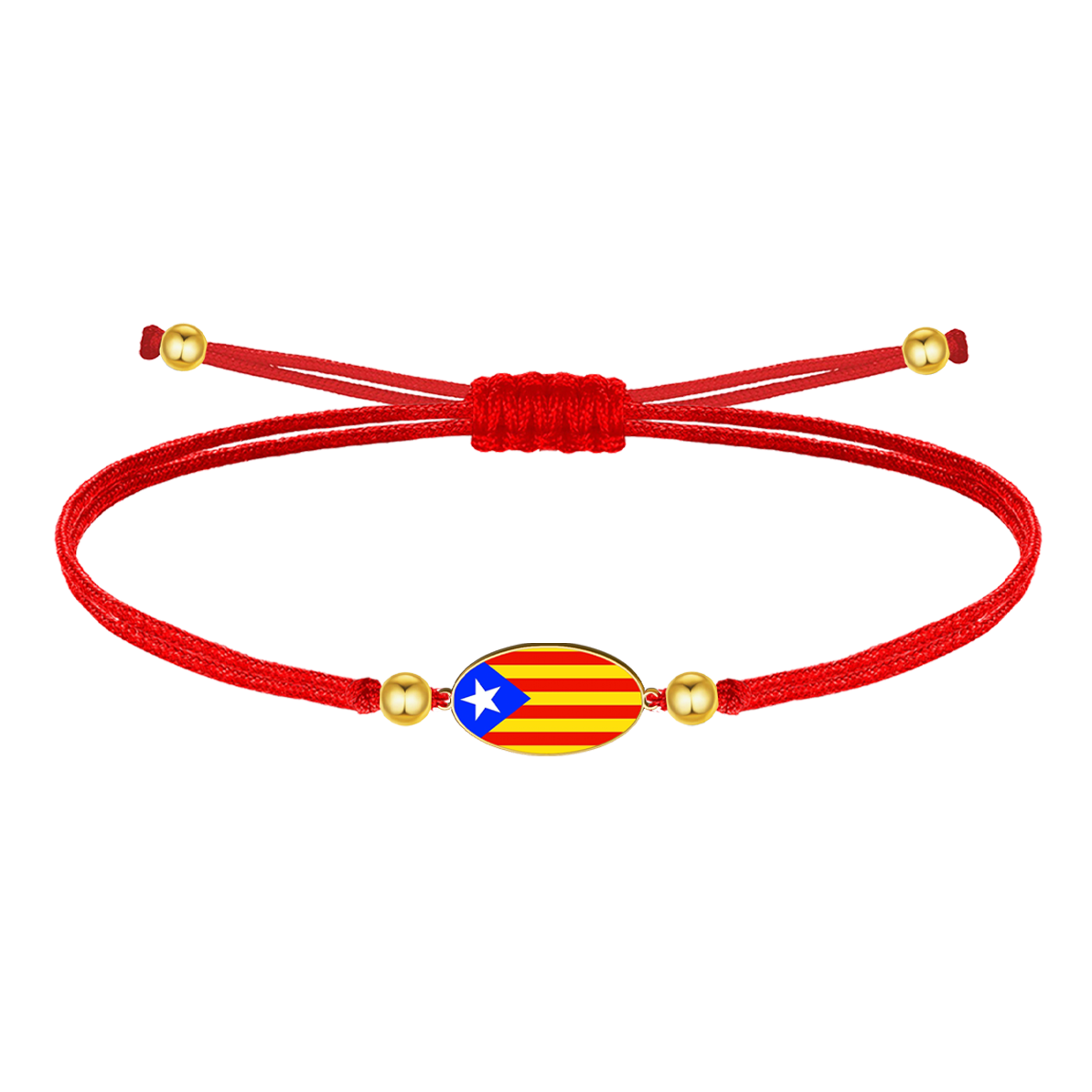Pulsera de hilo rojo con bandera de Cataluña y detalle dorado