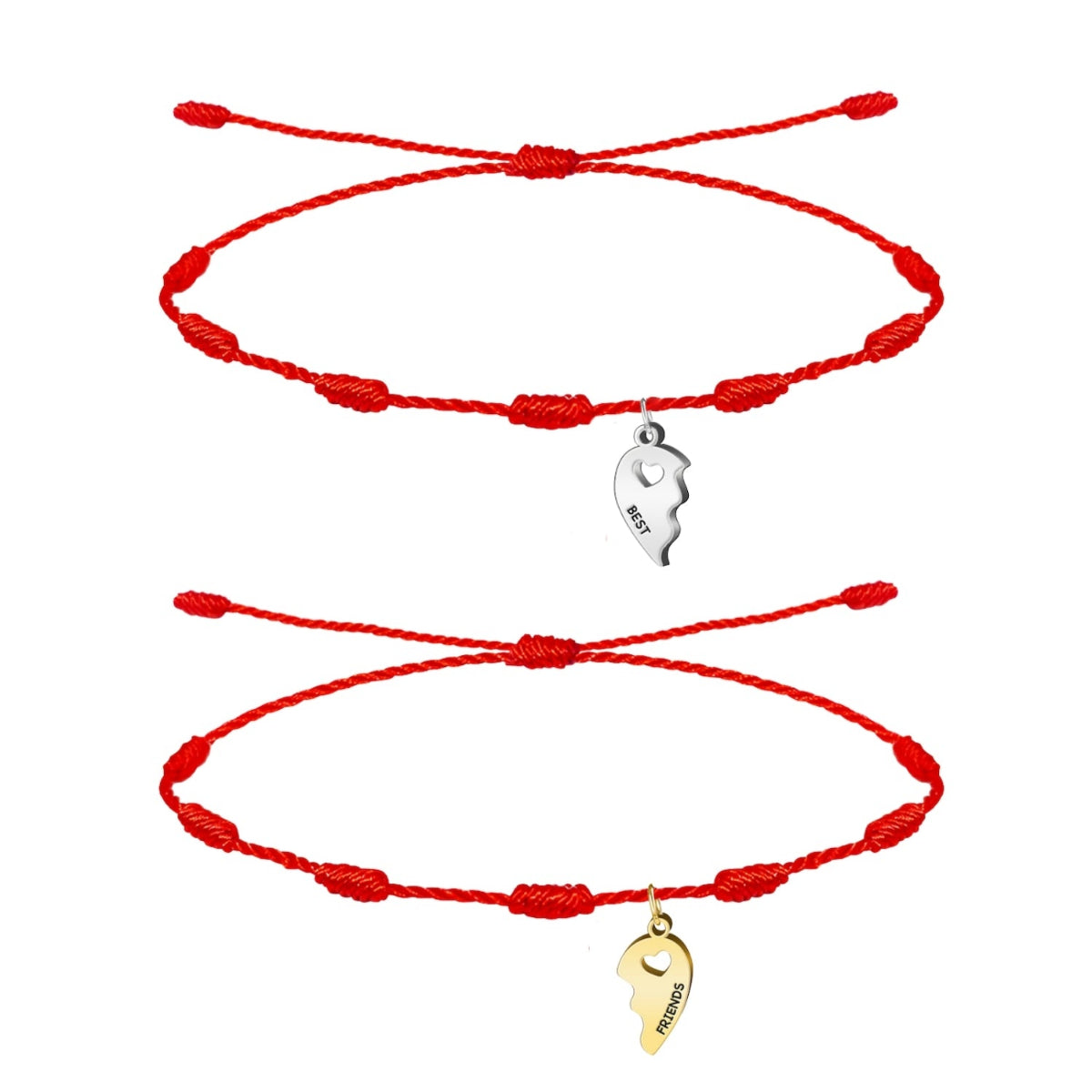 Pack de dos pulseras de hilo rojo de 7 nudos con colgantes de medio corazón grabados con "Best Friends" en acero inoxidable plateado y dorado, regalo ideal para mejores amigas.