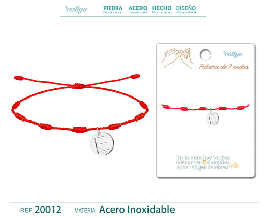 Pulsera 7 Nudos con letra E color Plateado
