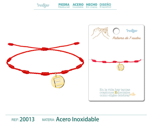 Pulsera 7 Nudos con letra E color Dorado