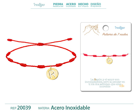 Pulsera 7 Nudos con letra R color Dorado