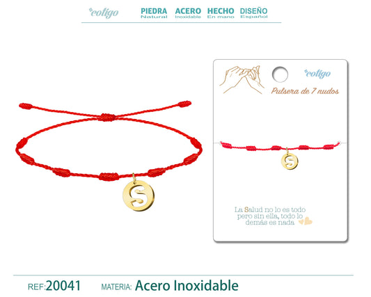 Pulsera 7 Nudos con letra S color Dorado