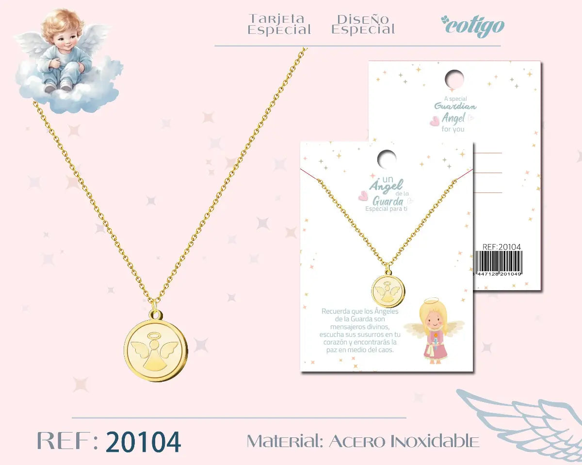 Collar con colgante de medalla Ángel de la Guarda en acero inoxidable dorado, incluye tarjeta de regalo con mensaje espiritual y diseño de ángel.