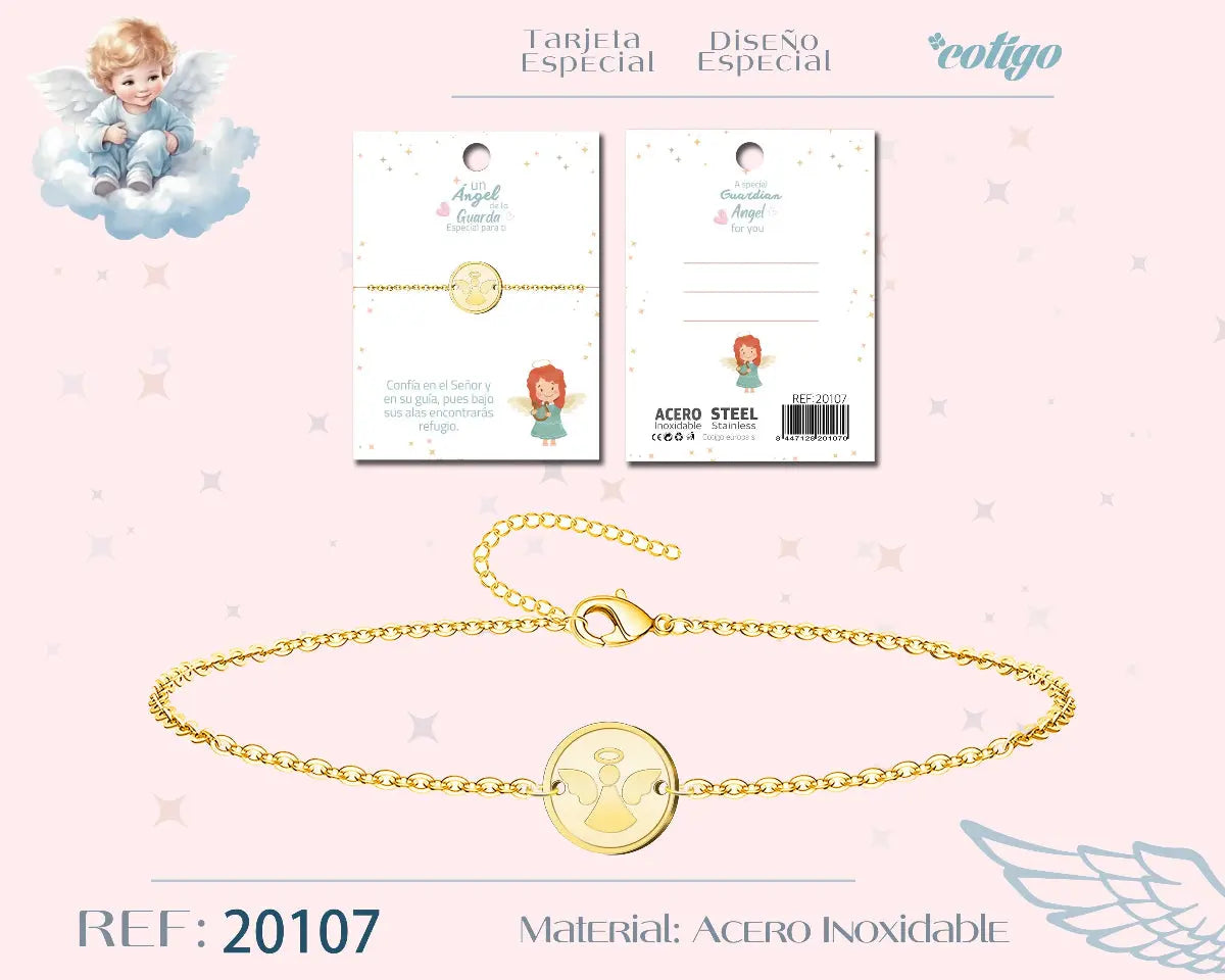 Pulsera fina de acero inoxidable dorado con medalla de Ángel de la Guarda y tarjeta de presentación con mensaje religioso, ideal para regalo