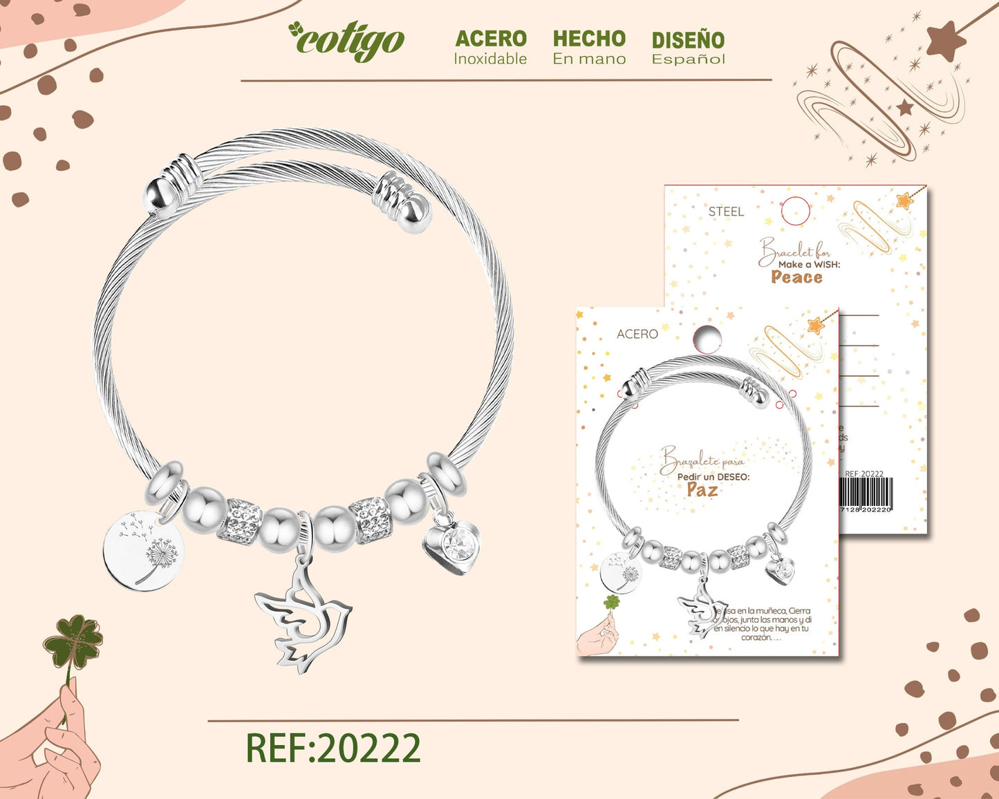 20222-Pulseira de Urso de Aço para Desejo: PAZ