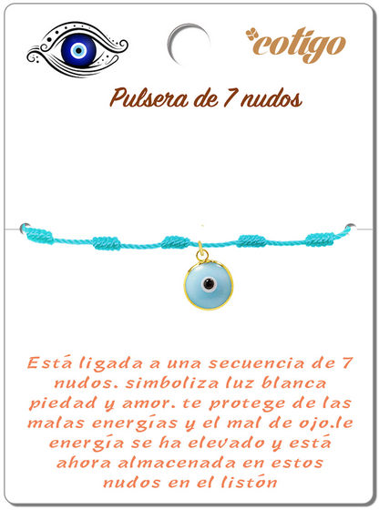 Pulsera de 7 Nudos Azul Celeste con Colgante Ojo Turco