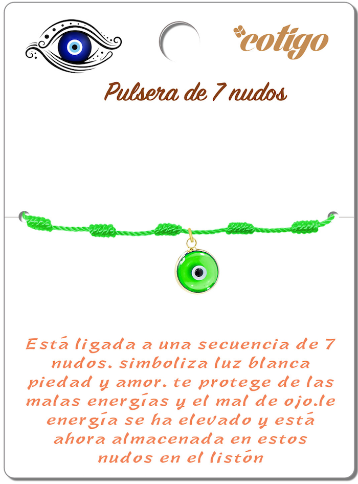 Pulsera de 7 Nudos Verde con Colgante Ojo Turco cotigo